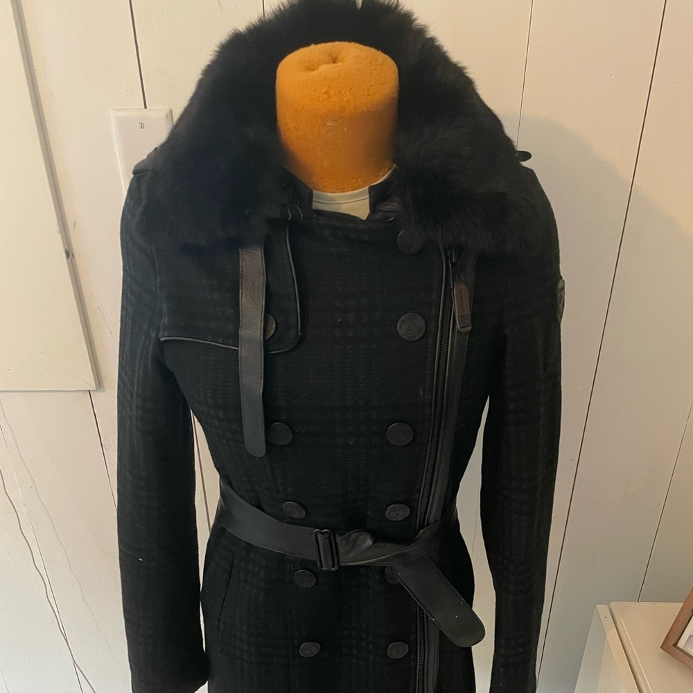 Gorgeous black winter jacket with a subtle blue plaid.